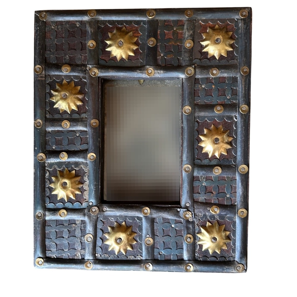 Vintage Anglo Indian Wood Brass Studded Picture Frame Hand Carved Sunburst 4X6